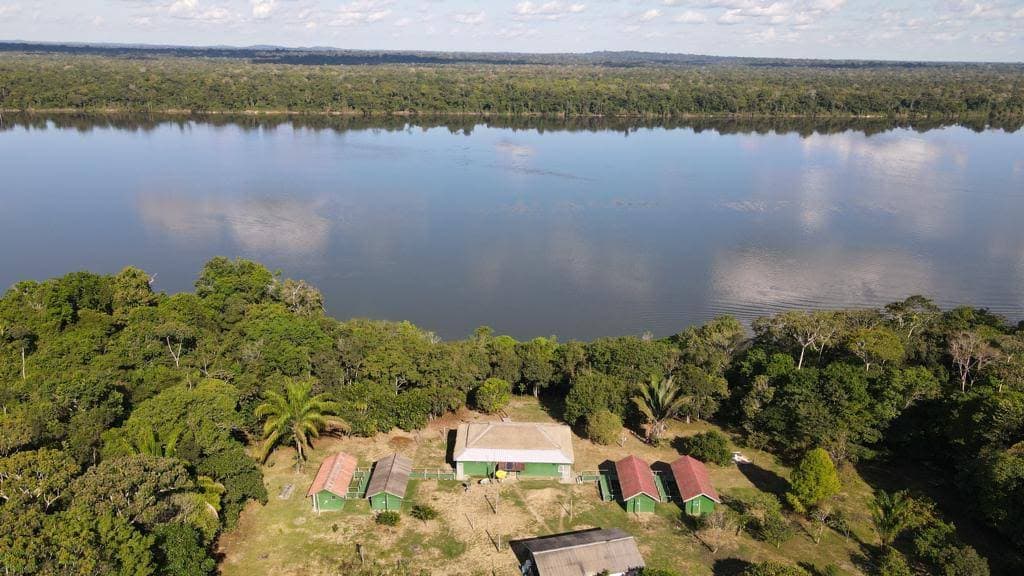 Aerial drone view of Pousada Bararati on the banks of the Juruena River, Amazon